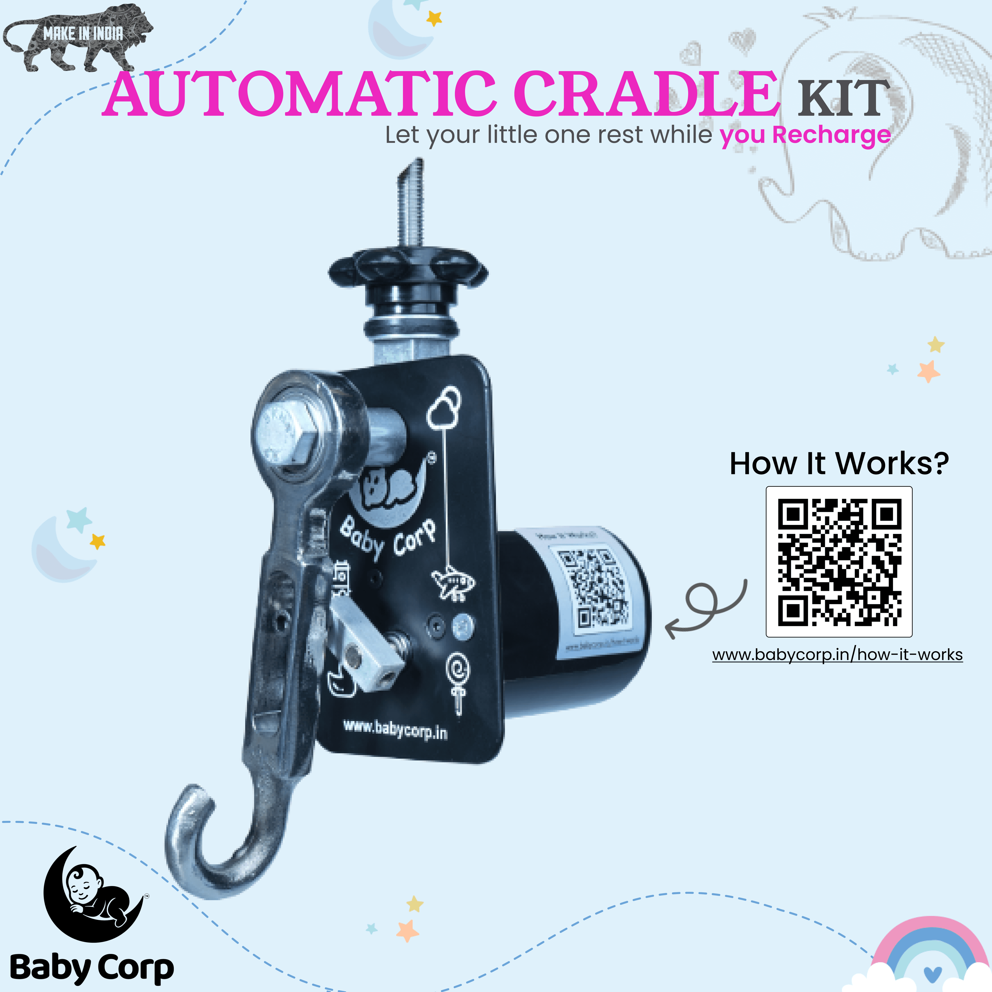 Baby Corp Automatic Cradle Kit with Premium Hammock (Cradle Not Included) - BLACK